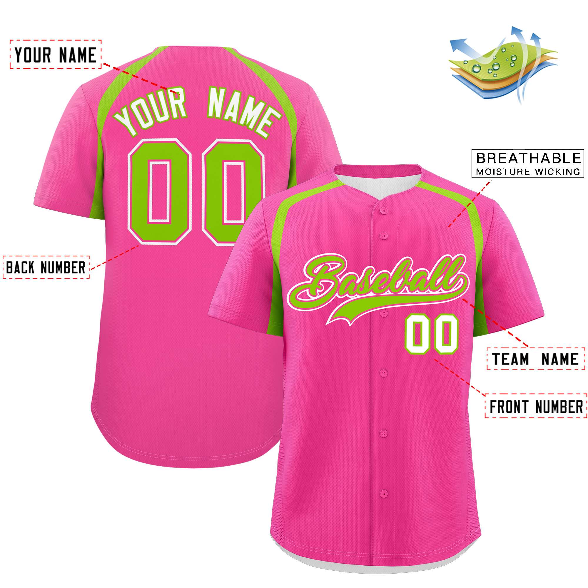 Custom Pink Neon Green Personalized Color Block Authentic Baseball Jersey| KXKSHOP
