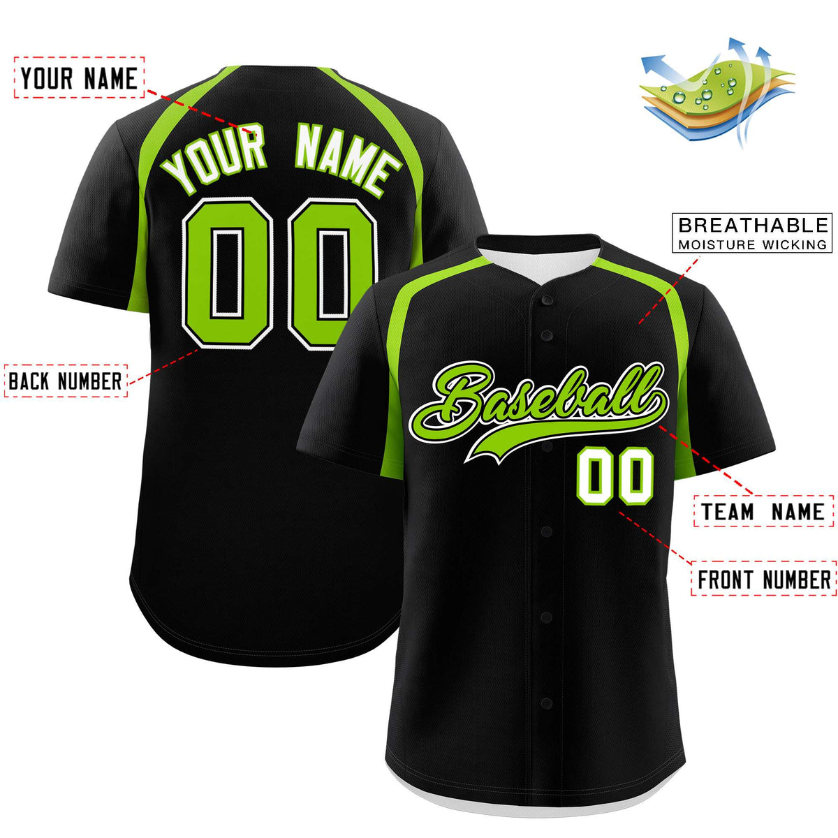 Custom Black Neon Green Personalized Color Block Authentic Baseball Jersey| KXKSHOP