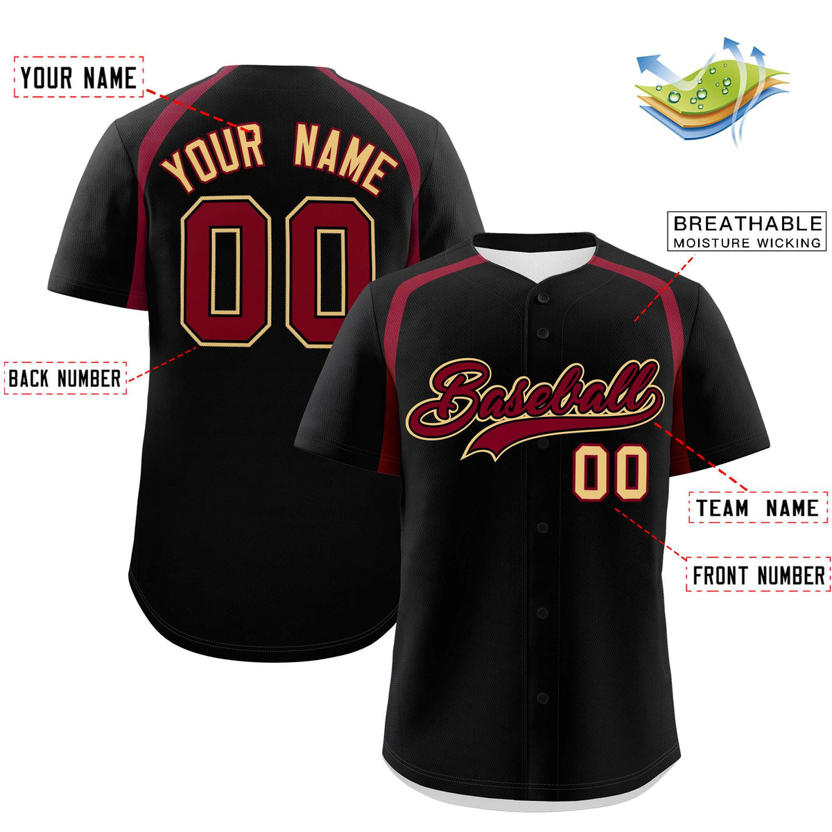 Custom Black Crimson Personalized Color Block Authentic Baseball Jersey| KXKSHOP