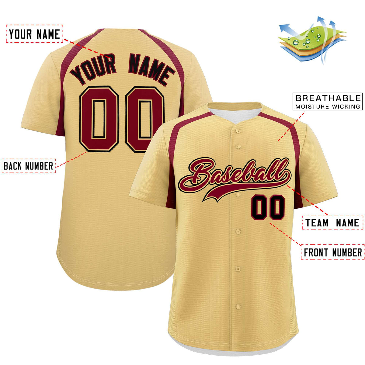 Custom Khaki Crimson Personalized Color Block Authentic Baseball Jersey| KXKSHOP