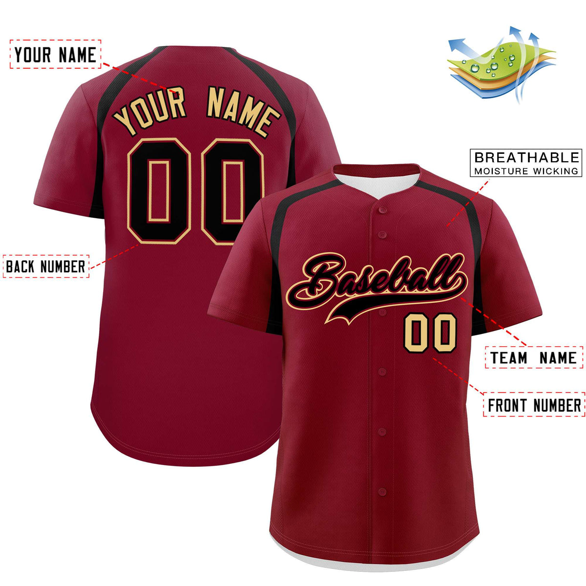 Custom Crimson Black Personalized Color Block Authentic Baseball Jersey| KXKSHOP