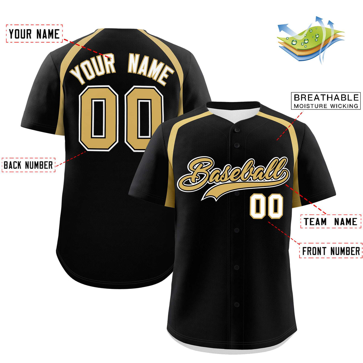 Custom Black Old Gold Personalized Color Block Authentic Baseball Jersey| KXKSHOP