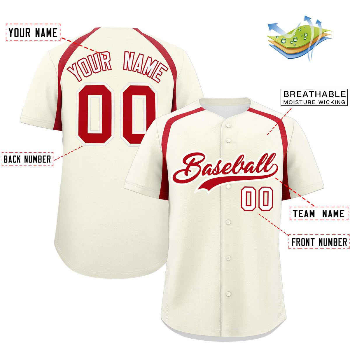 Custom Cream Red Personalized Color Block Authentic Baseball Jersey| KXKSHOP