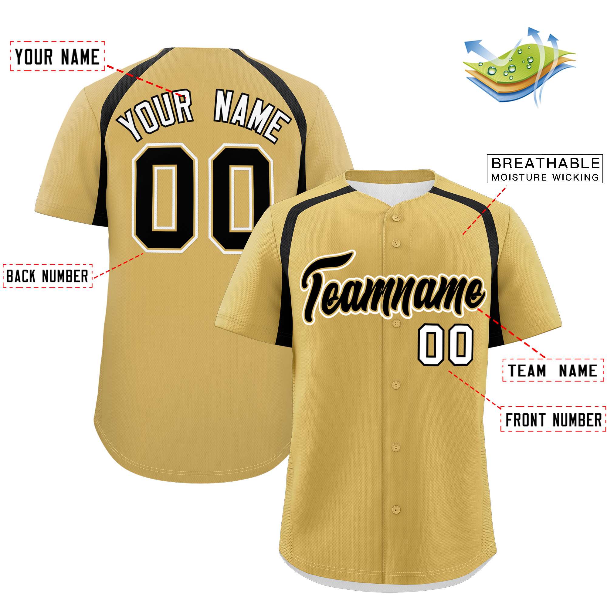 Custom Old Gold Black Personalized Color Block Authentic Baseball Jersey