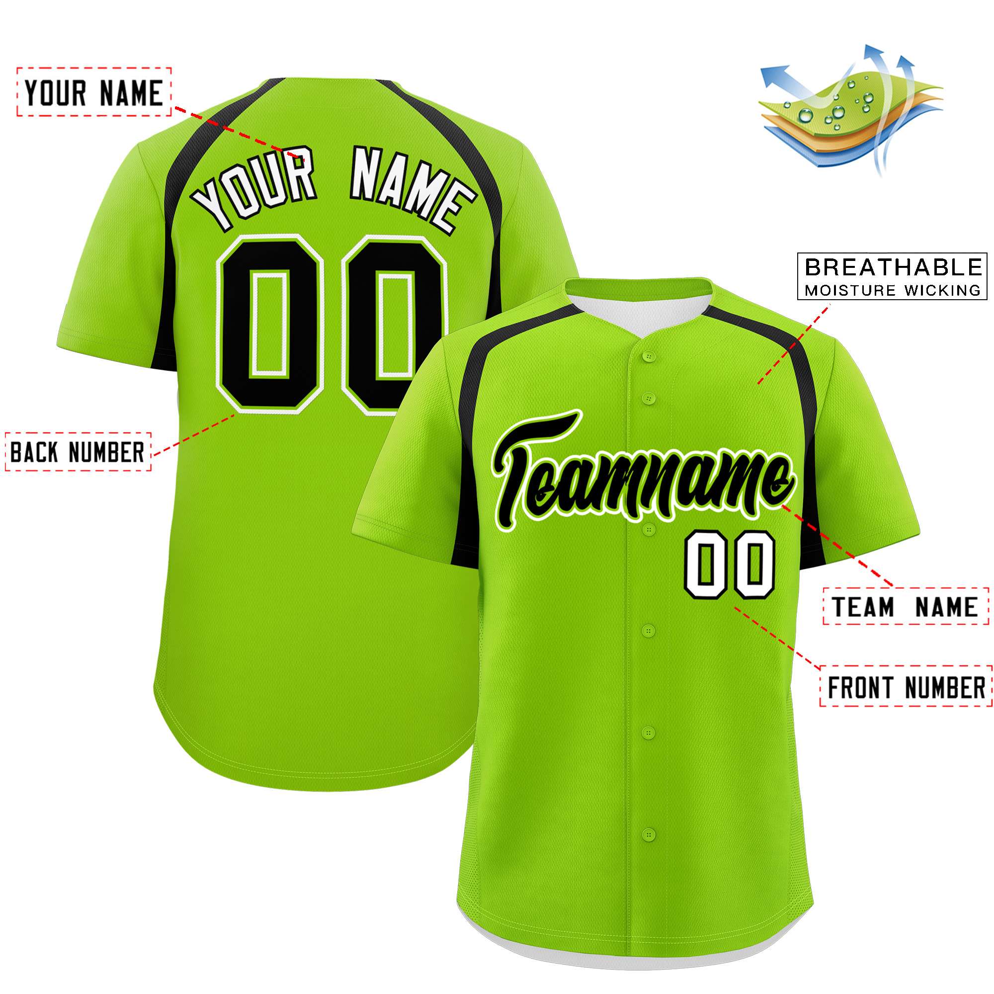 Custom Neon Green Black Personalized Color Block Authentic Baseball Jersey