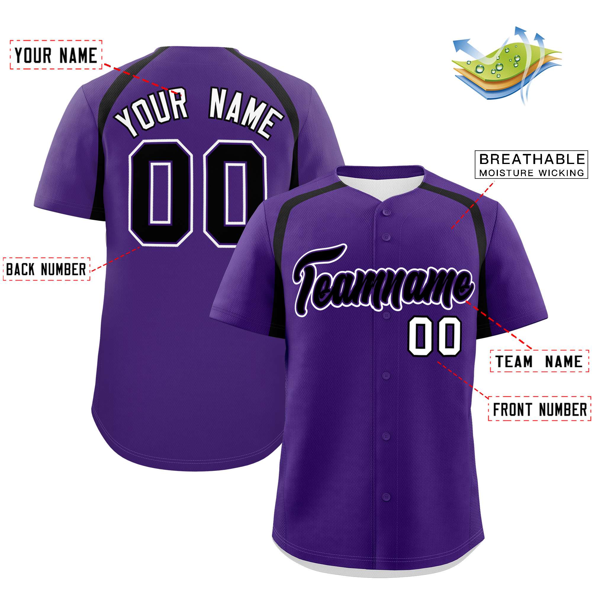 Custom Purple Black Personalized Color Block Authentic Baseball Jersey