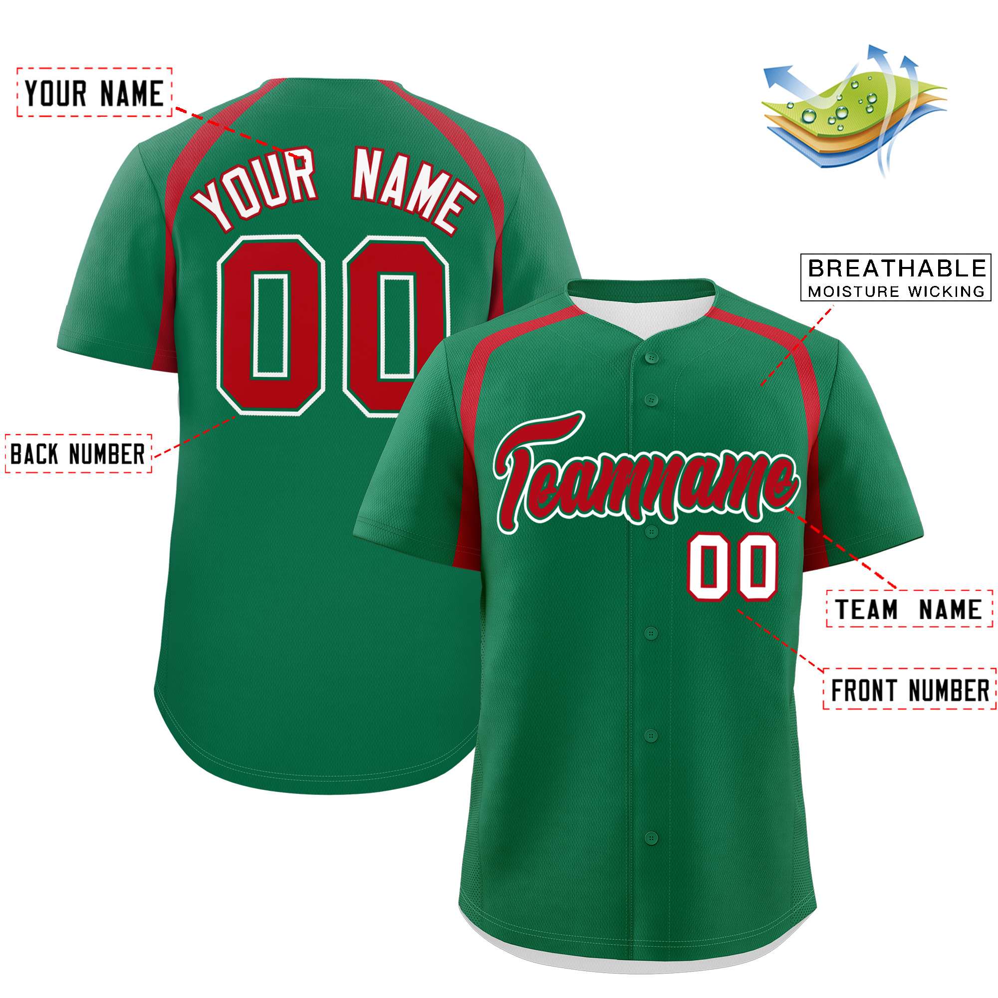 Custom Kelly Green Red Personalized Color Block Authentic Baseball Jersey