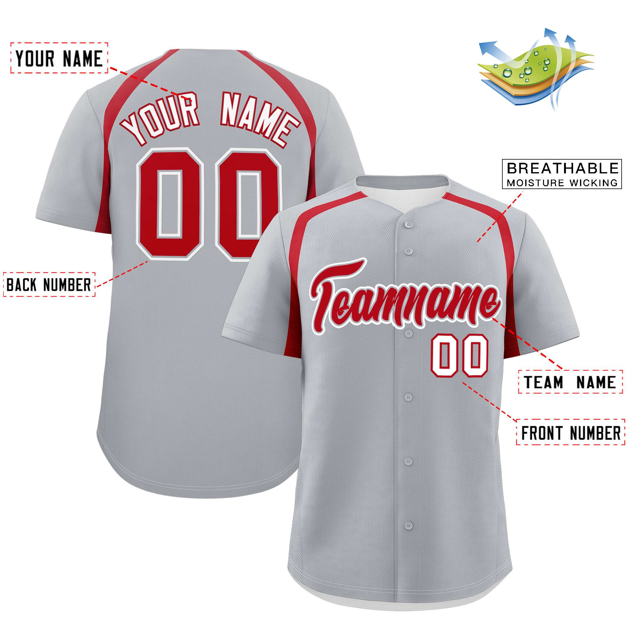Custom Silver Red Personalized Color Block Authentic Baseball Jersey