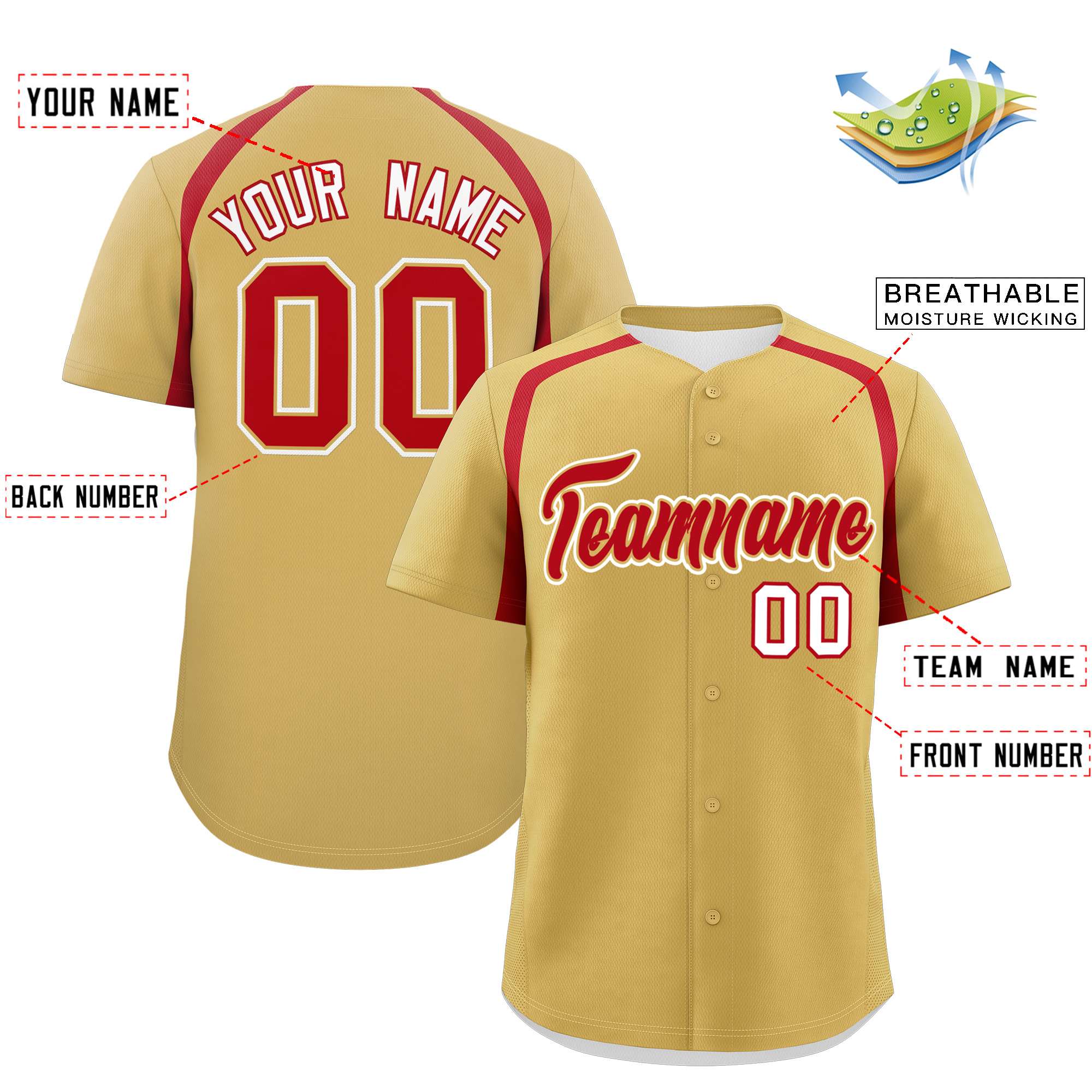Custom Old Gold Red Personalized Color Block Authentic Baseball Jersey