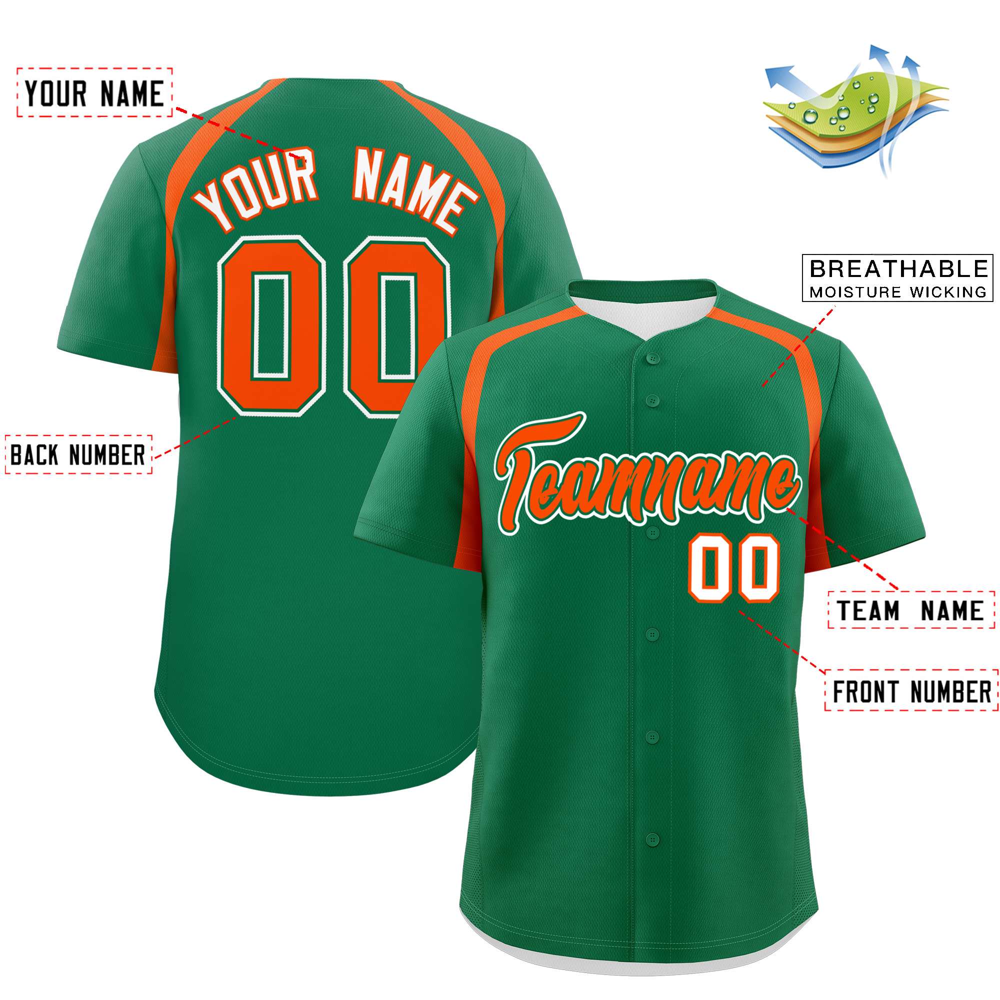 Custom Kelly Green Orange Personalized Color Block Authentic Baseball Jersey