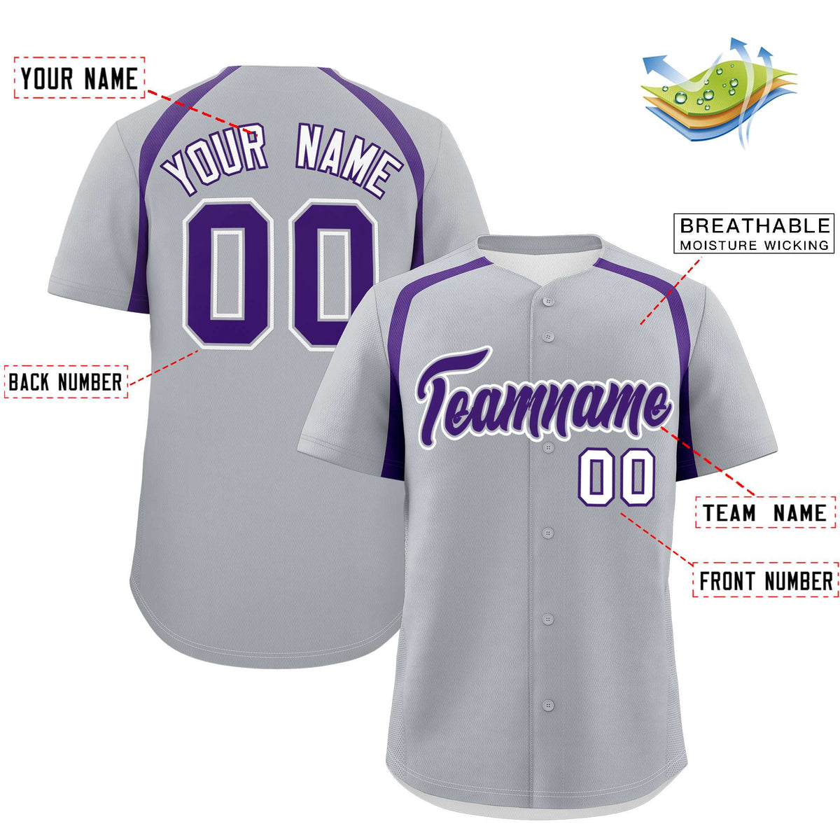 Custom Silver Purple Personalized Color Block Authentic Baseball Jersey| KXKSHOP
