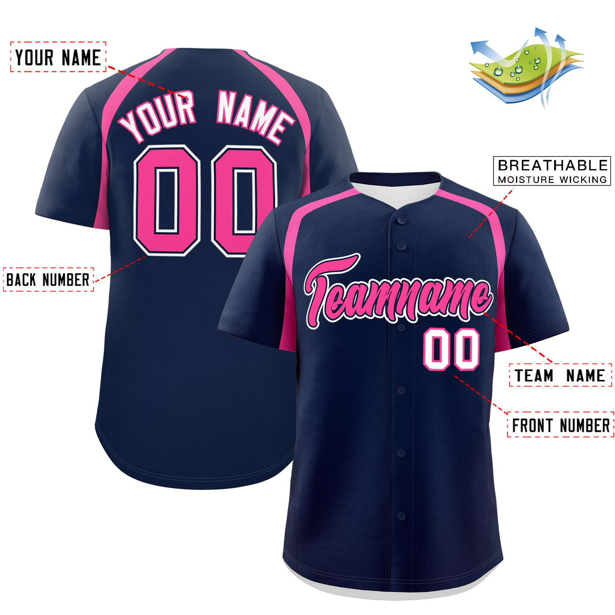 Custom Navy Pink Personalized Color Block Authentic Baseball Jersey| KXKSHOP