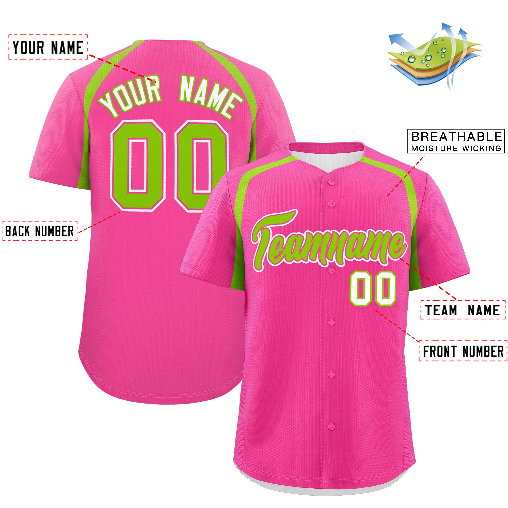 Custom Pink Neon Green Personalized Color Block Authentic Baseball Jersey| KXKSHOP