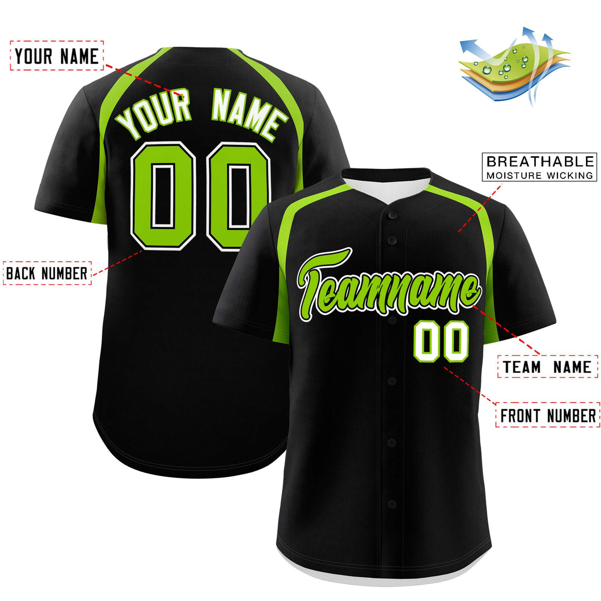 Custom Black Neon Green Personalized Color Block Authentic Baseball Jersey| KXKSHOP