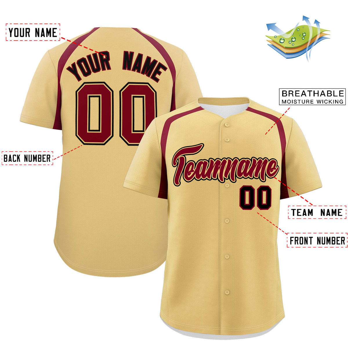 Custom Khaki Crimson Personalized Color Block Authentic Baseball Jersey| KXKSHOP