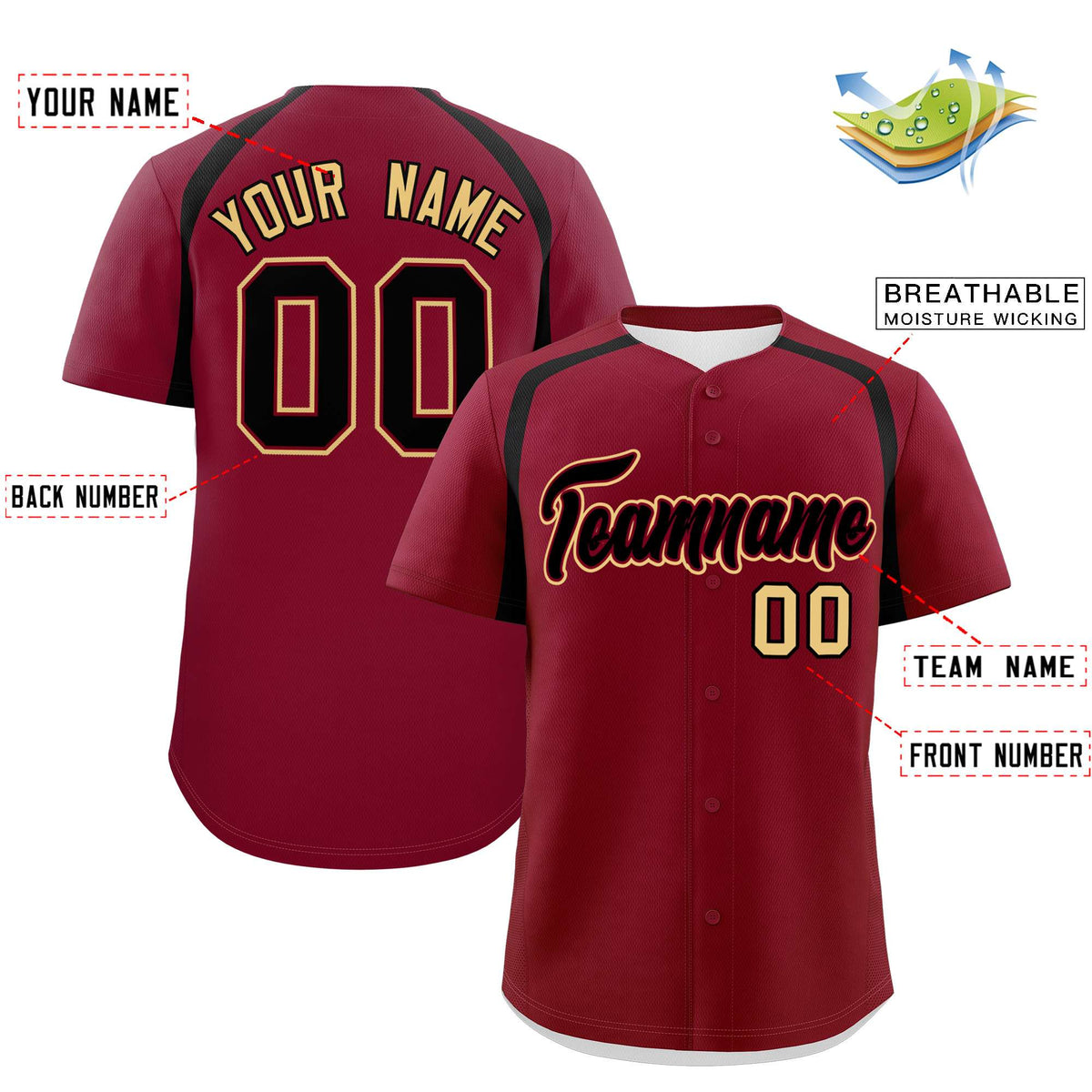 Custom Crimson Black Personalized Color Block Authentic Baseball Jersey| KXKSHOP