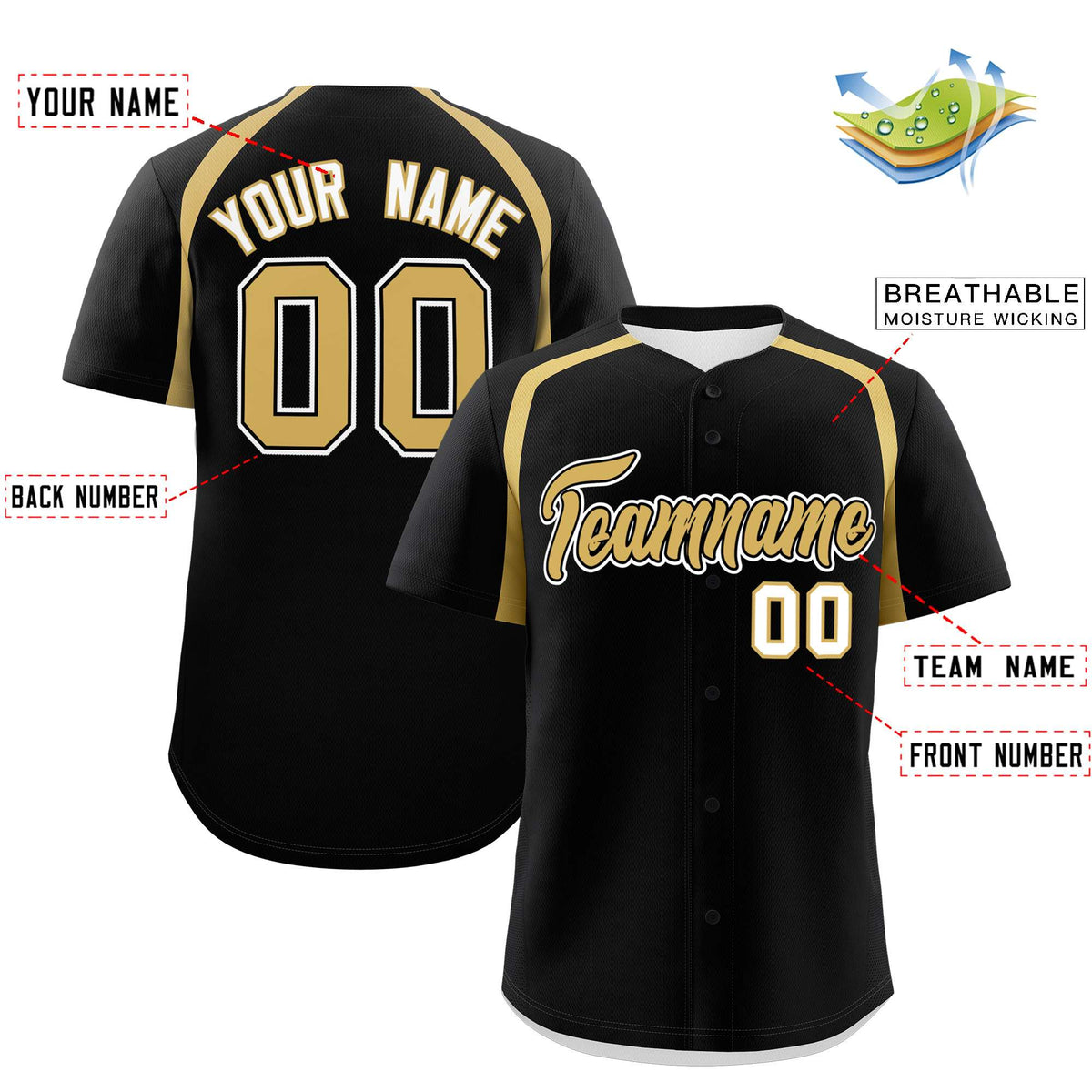 Custom Black Old Gold Personalized Color Block Authentic Baseball Jersey| KXKSHOP