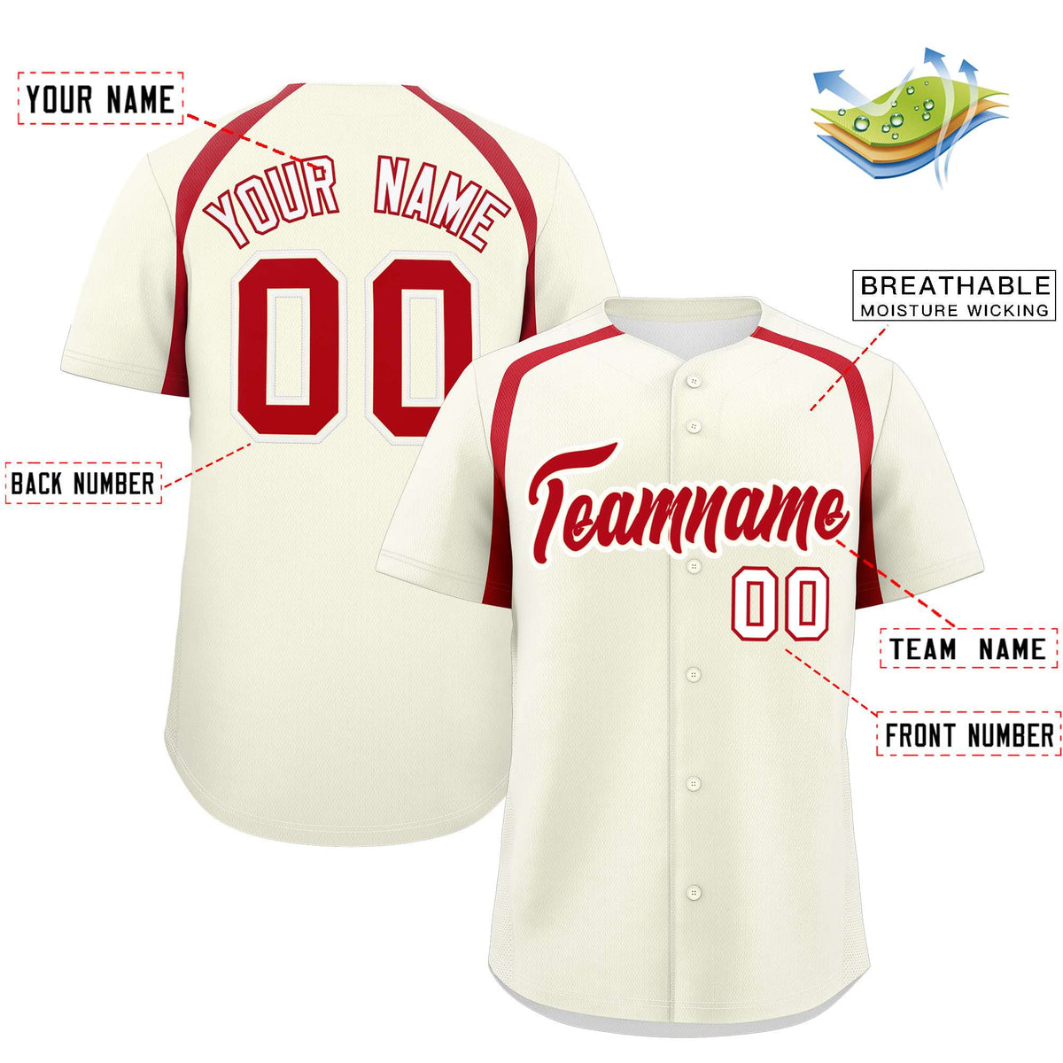 Custom Cream Red Personalized Color Block Authentic Baseball Jersey| KXKSHOP