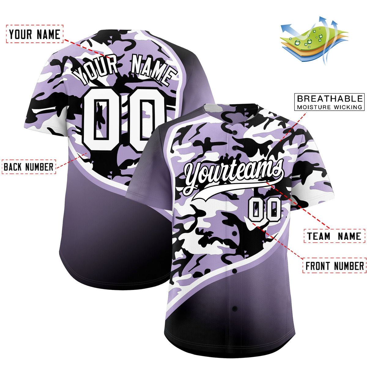 Custom Light Purple Black White Camo Gradient Fashion Baseball Jersey | Perfect for Training,Sublimation Printed & Stitched,Add Name and Numbern,Perfect for Teams | KXKSHOP