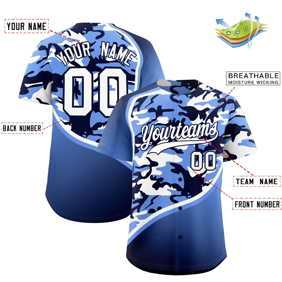 Custom Light Blue Navy White Camo Gradient Fashion Baseball Jersey | Perfect for Training,Sublimation Printed &amp; Stitched,Add Name and Numbern,Perfect for Teams | KXKSHOP