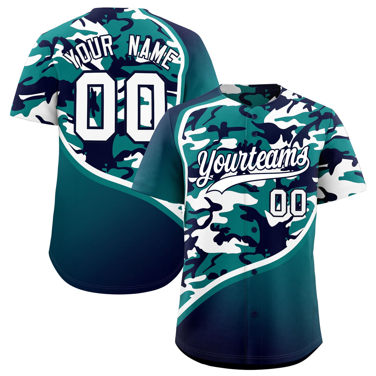 Custom Teal Navy White Camo Gradient Fashion Baseball Jersey | Perfect for Training,Sublimation Printed &amp; Stitched,Add Name and Numbern,Perfect for Teams | KXKSHOP