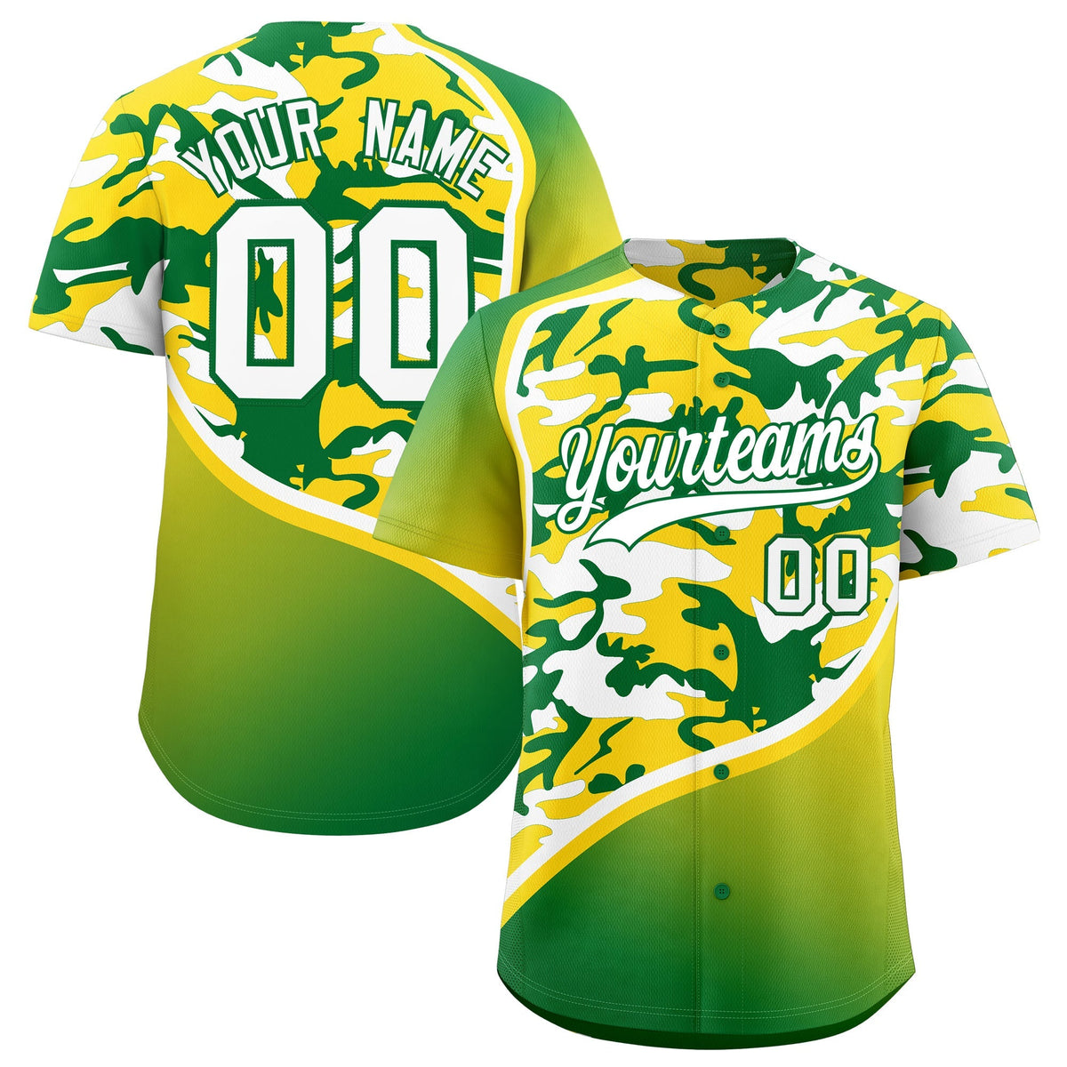 Custom Gold Kelly Green White Camo Gradient Fashion Baseball Jersey | Perfect for Training,Sublimation Printed & Stitched,Add Name and Numbern,Perfect for Teams | KXKSHOP