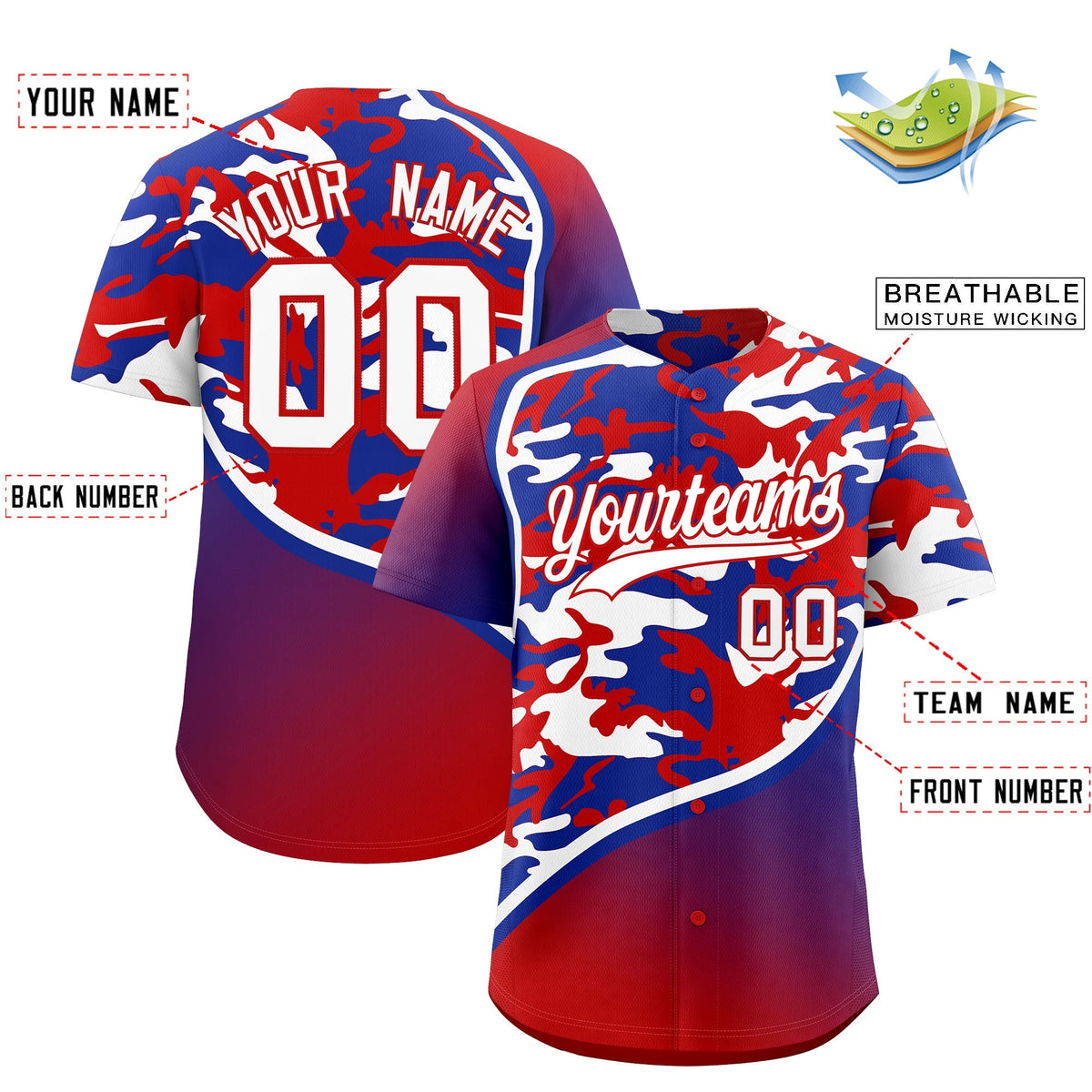 Custom Red Royal Blue White Camo Gradient Fashion Baseball Jersey | Perfect for Training,Sublimation Printed & Stitched,Add Name and Numbern,Perfect for Teams | KXKSHOP