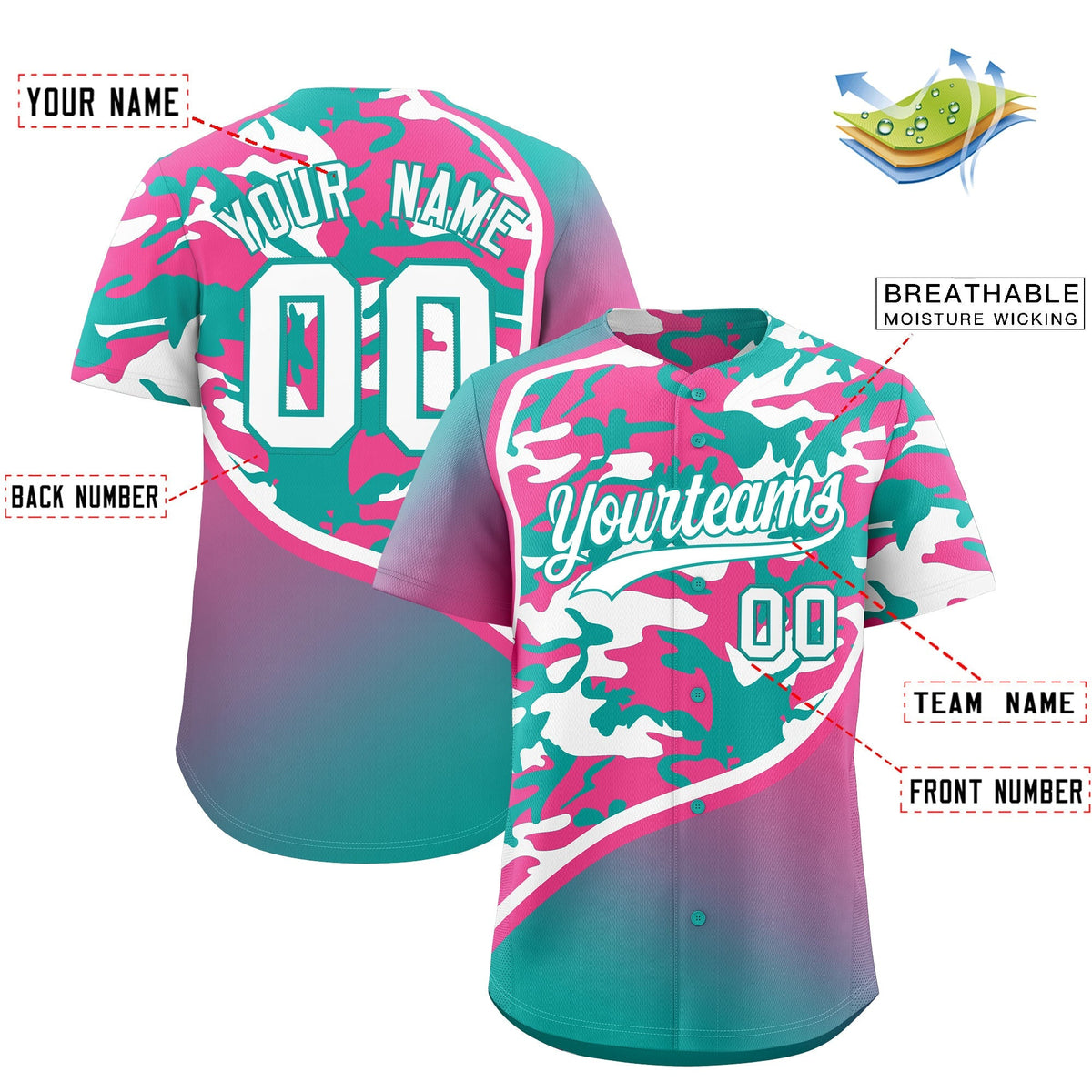 Custom Aqua Pink White Camo Gradient Fashion Baseball Jersey | Perfect for Training,Sublimation Printed &amp; Stitched,Add Name and Numbern,Perfect for Teams | KXKSHOP