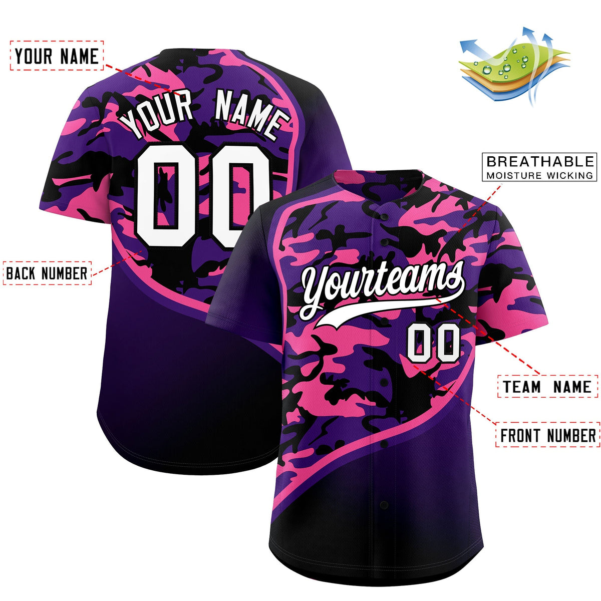 Custom Purple Pink Black Camo Gradient Fashion Baseball Jersey | Perfect for Training,Sublimation Printed &amp; Stitched,Add Name and Numbern,Perfect for Teams | KXKSHOP