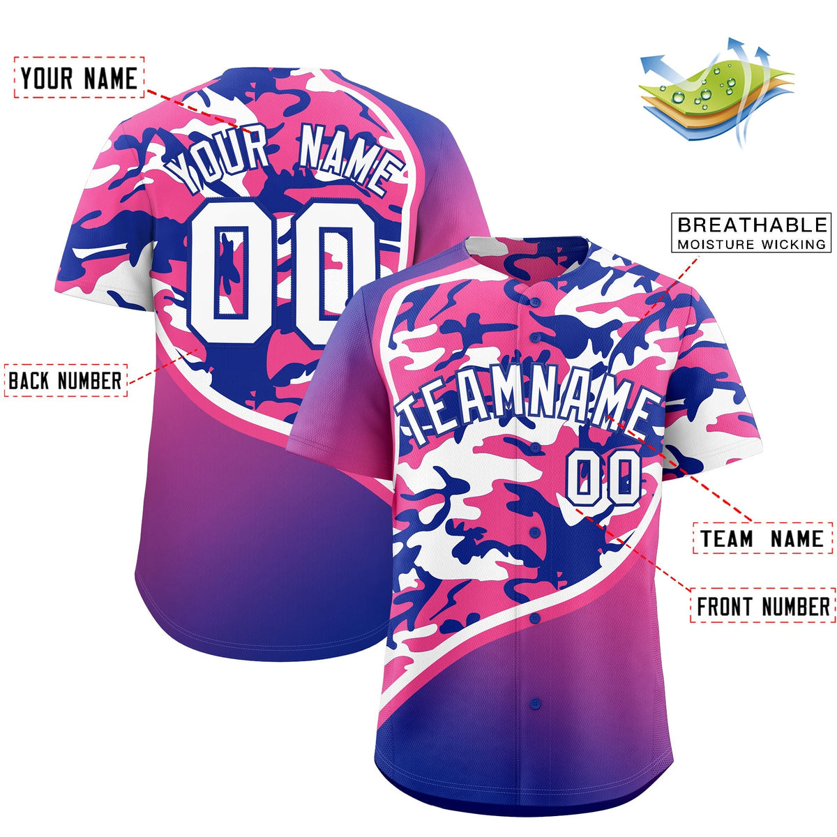 Custom Pink Royal Blue White Camo Gradient Fashion Baseball Jersey | Perfect for Training,Sublimation Printed & Stitched,Add Name and Numbern,Perfect for Teams | KXKSHOP