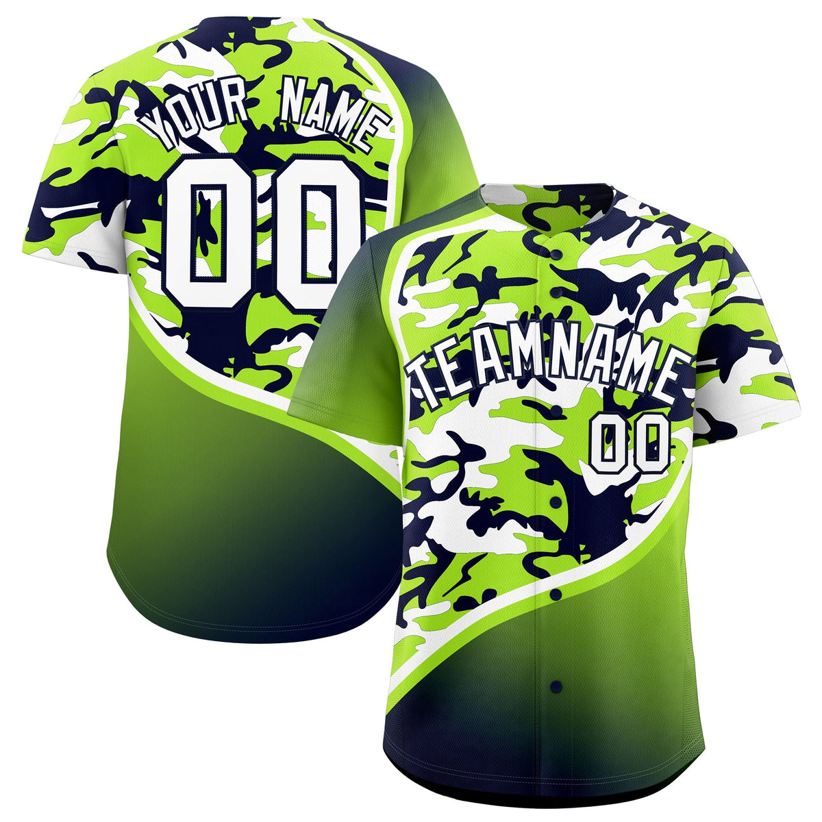 Custom Neon Green Navy White Camo Gradient Fashion Baseball Jersey | Perfect for Training,Sublimation Printed &amp; Stitched,Add Name and Numbern,Perfect for Teams | KXKSHOP