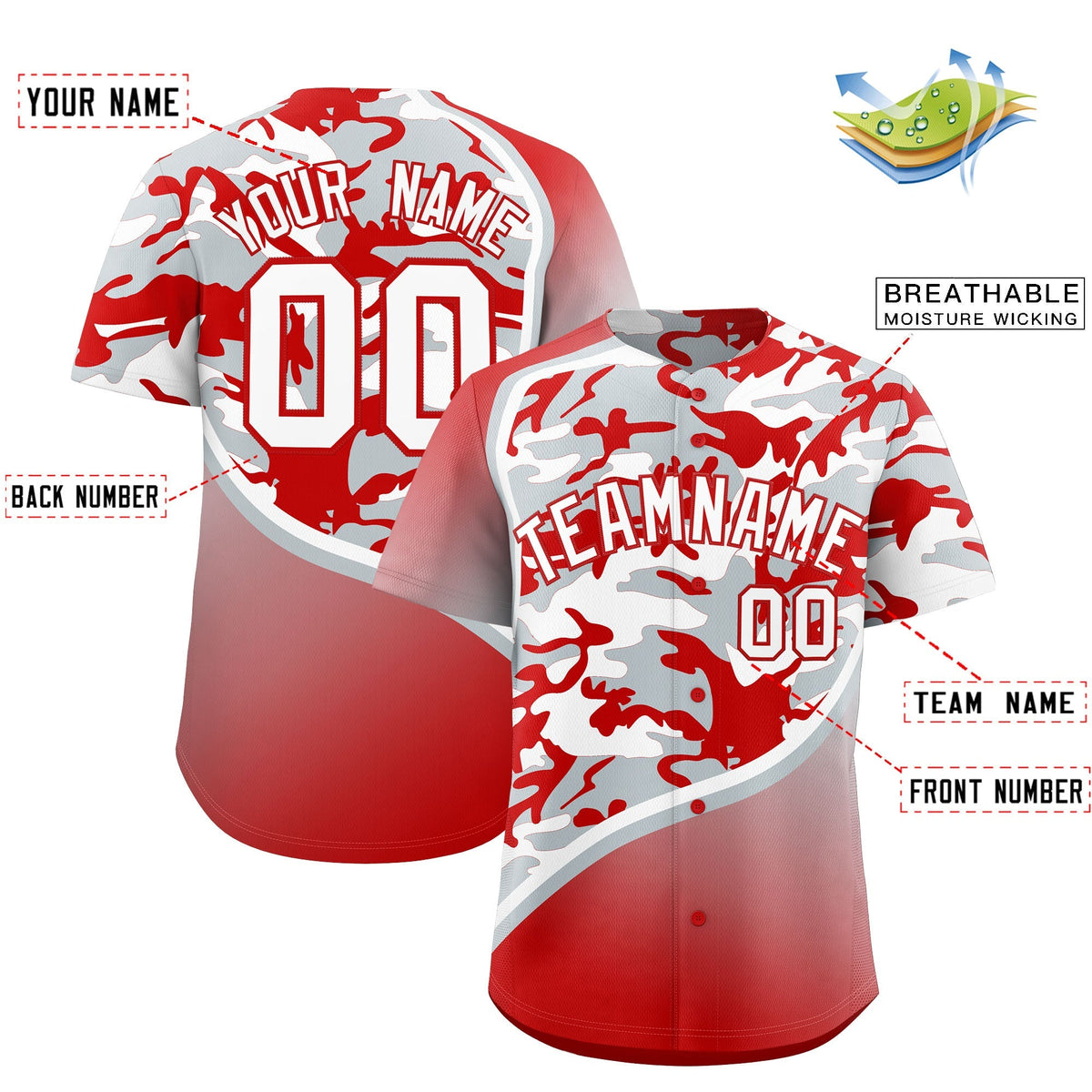Custom Silver Red White Camo Gradient Fashion Baseball Jersey | Perfect for Training,Sublimation Printed & Stitched,Add Name and Numbern,Perfect for Teams | KXKSHOP