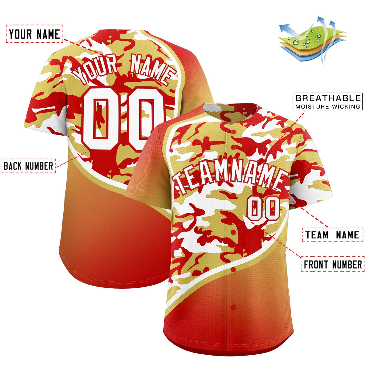 Custom Old Gold Red White Camo Gradient Fashion Baseball Jersey | Perfect for Training,Sublimation Printed & Stitched,Add Name and Numbern,Perfect for Teams | KXKSHOP
