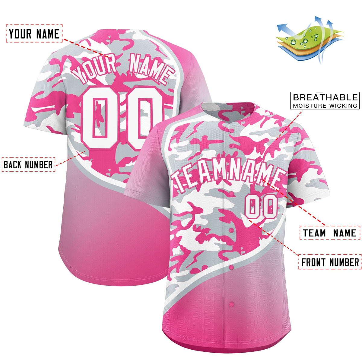 Custom Silver White Pink Camo Gradient Fashion Baseball Jersey | Perfect for Training,Sublimation Printed & Stitched,Add Name and Numbern,Perfect for Teams | KXKSHOP