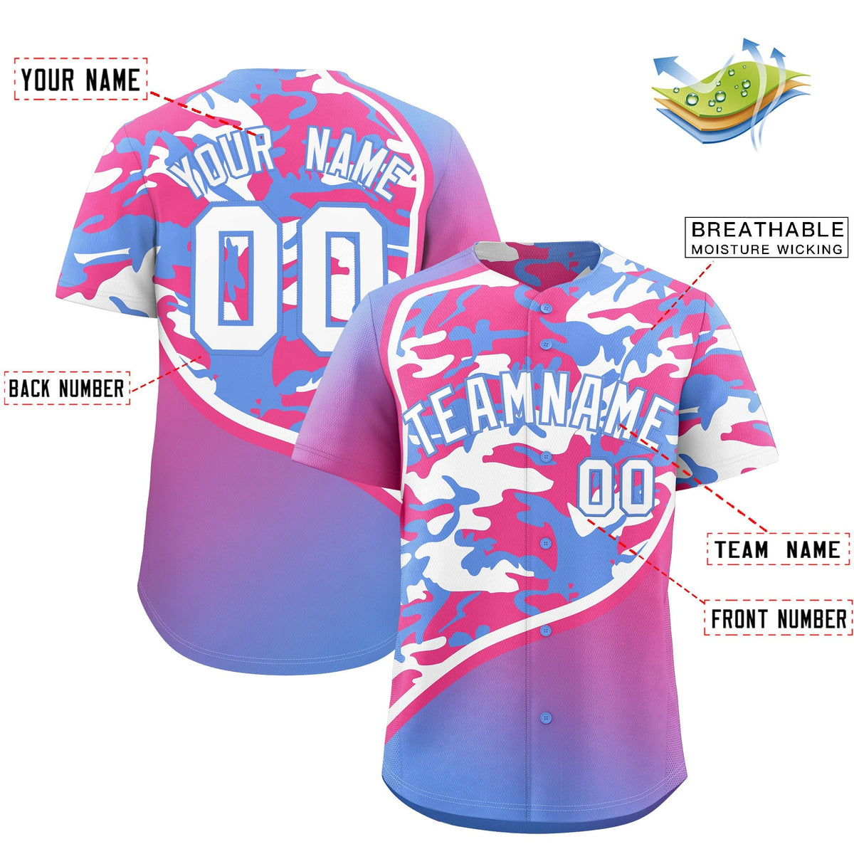 Custom Pink Light Blue White Camo Gradient Fashion Baseball Jersey | Perfect for Training,Sublimation Printed &amp; Stitched,Add Name and Numbern,Perfect for Teams | KXKSHOP