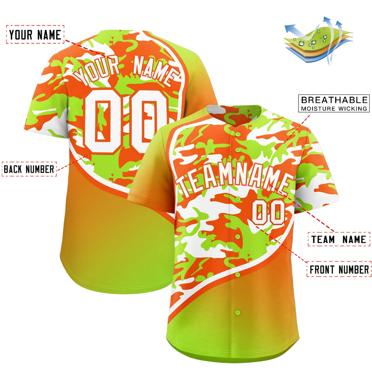 Custom Neon Green Orange White Camo Gradient Fashion Baseball Jersey | Perfect for Training,Sublimation Printed &amp; Stitched,Add Name and Numbern,Perfect for Teams | KXKSHOP