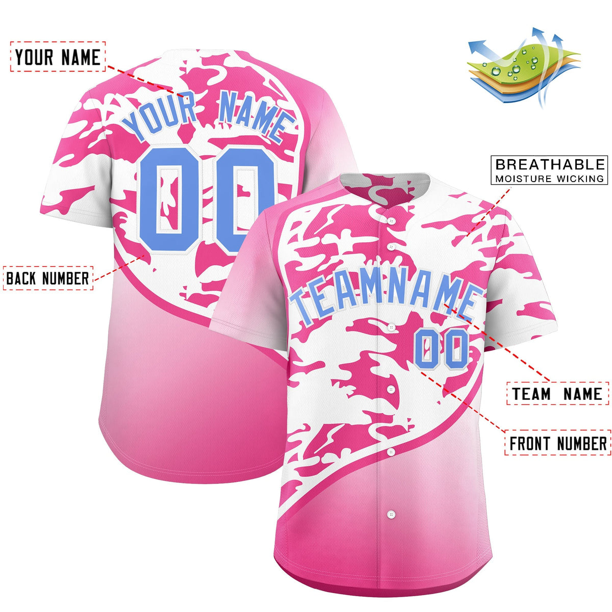 Custom White Pink Light Blue Camo Gradient Fashion Baseball Jersey | Perfect for Training,Sublimation Printed &amp; Stitched,Add Name and Numbern,Perfect for Teams | KXKSHOP