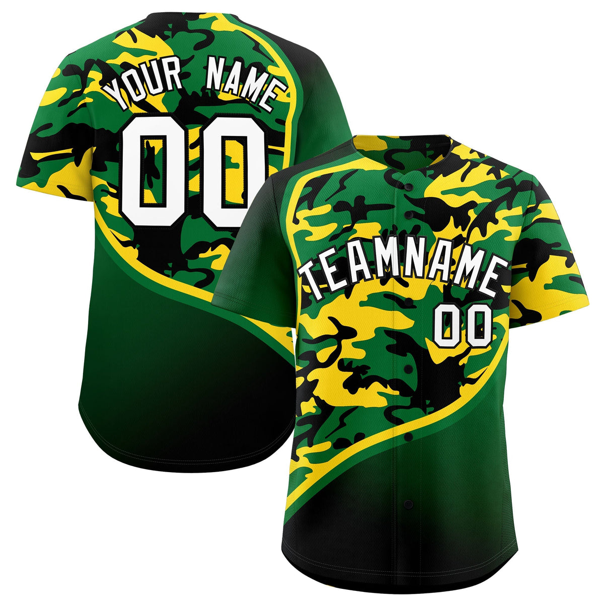 Custom Kelly Green Gold Black Camo Gradient Fashion Baseball Jersey | Perfect for Training,Sublimation Printed & Stitched,Add Name and Numbern,Perfect for Teams | KXKSHOP