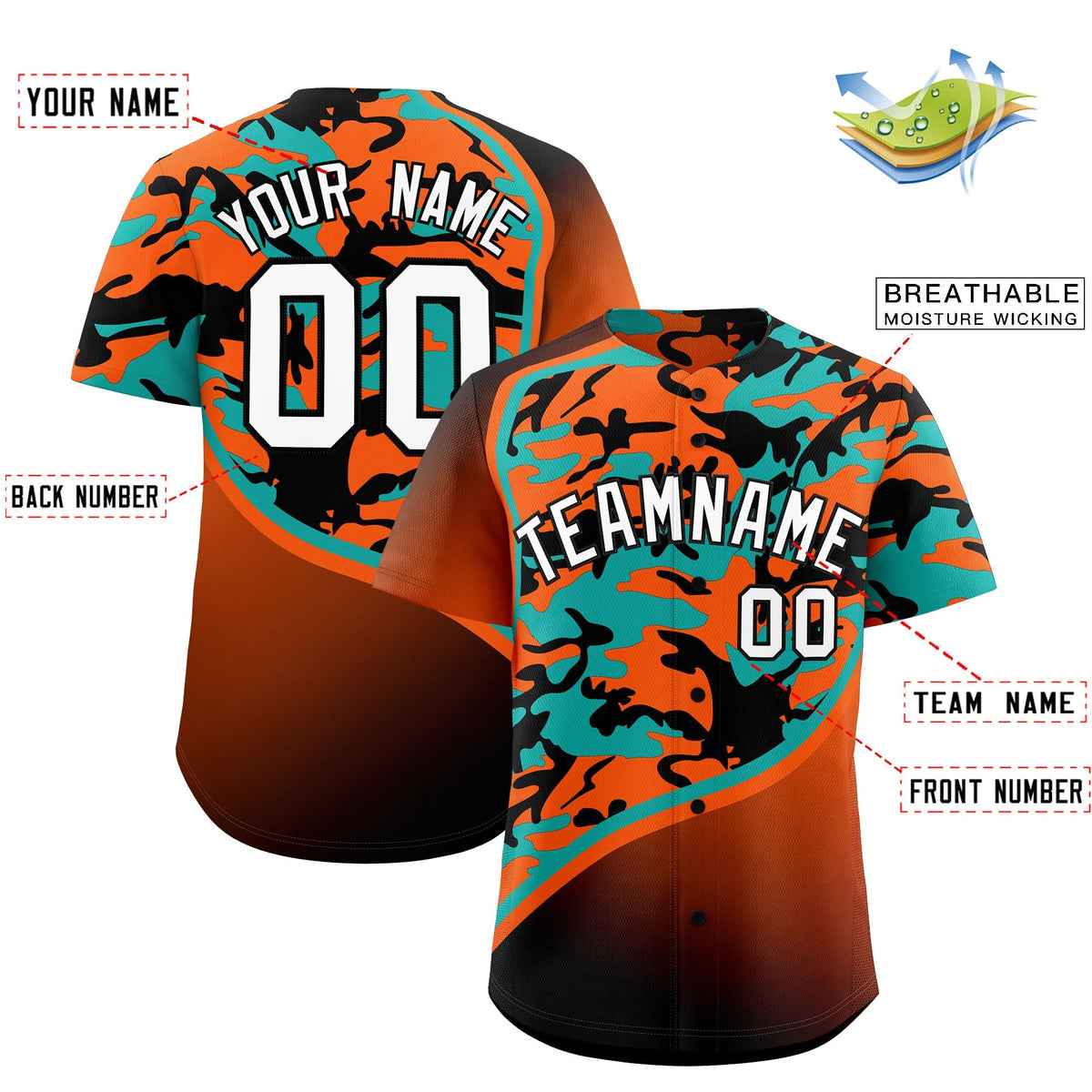 Custom Orange Aqua Black Camo Gradient Fashion Baseball Jersey | Perfect for Training,Sublimation Printed &amp; Stitched,Add Name and Numbern,Perfect for Teams | KXKSHOP