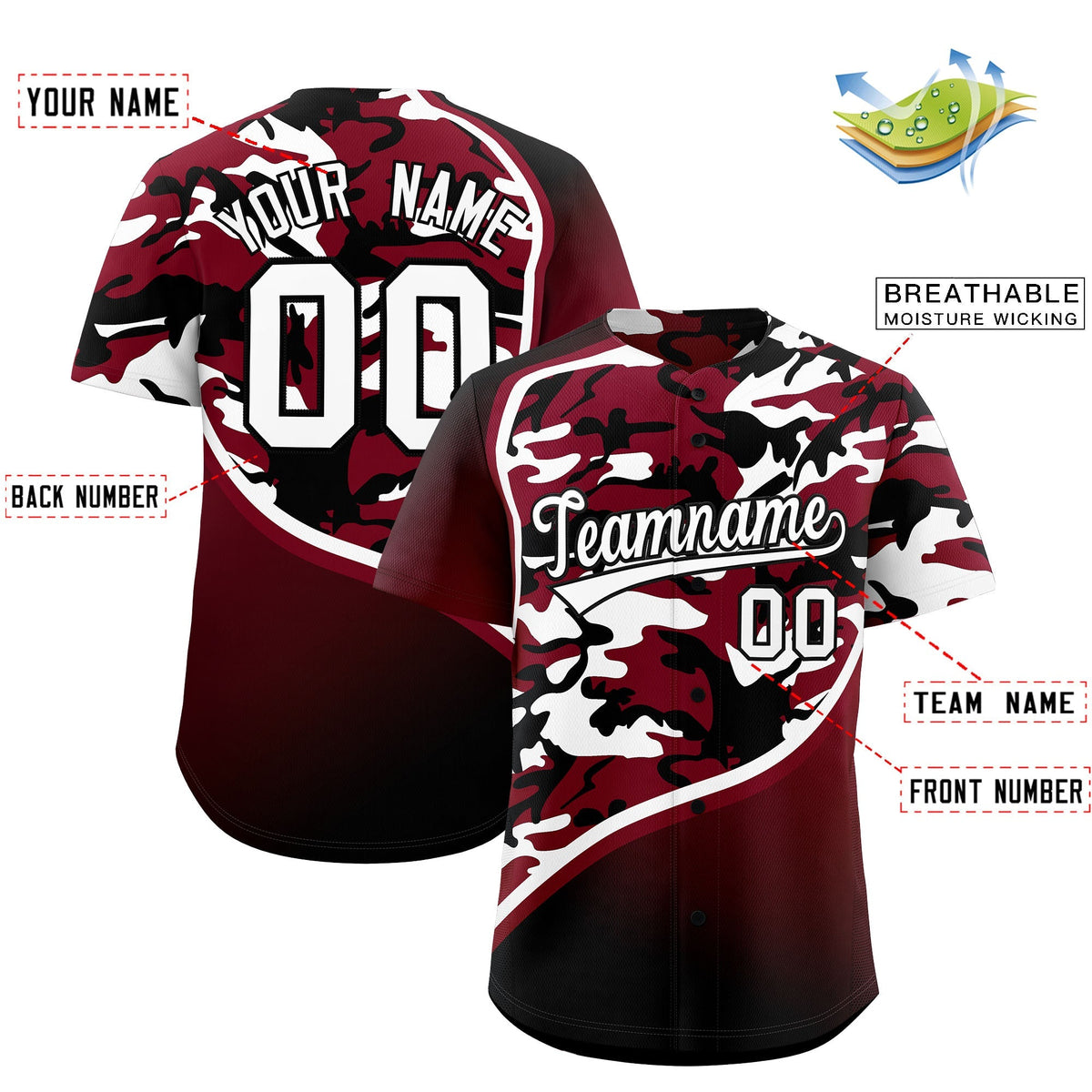 Custom Crimson Black White Camo Gradient Fashion Baseball Jersey | Perfect for Training,Sublimation Printed &amp; Stitched,Add Name and Numbern,Perfect for Teams | KXKSHOP