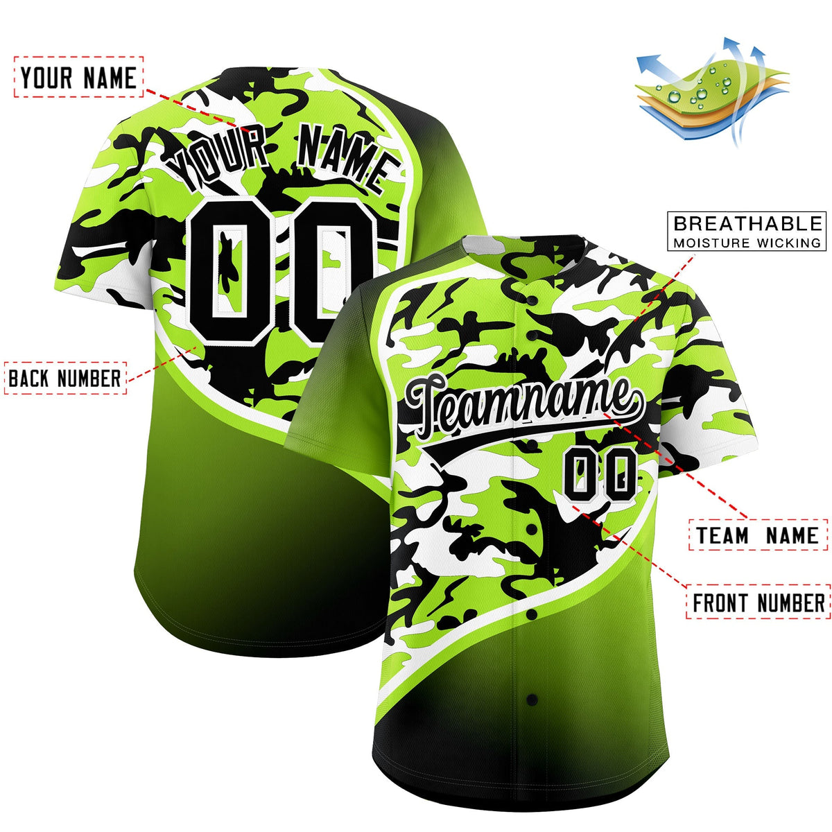 Custom Neon Green Black White Camo Gradient Fashion Baseball Jersey | Perfect for Training,Sublimation Printed &amp; Stitched,Add Name and Numbern,Perfect for Teams | KXKSHOP