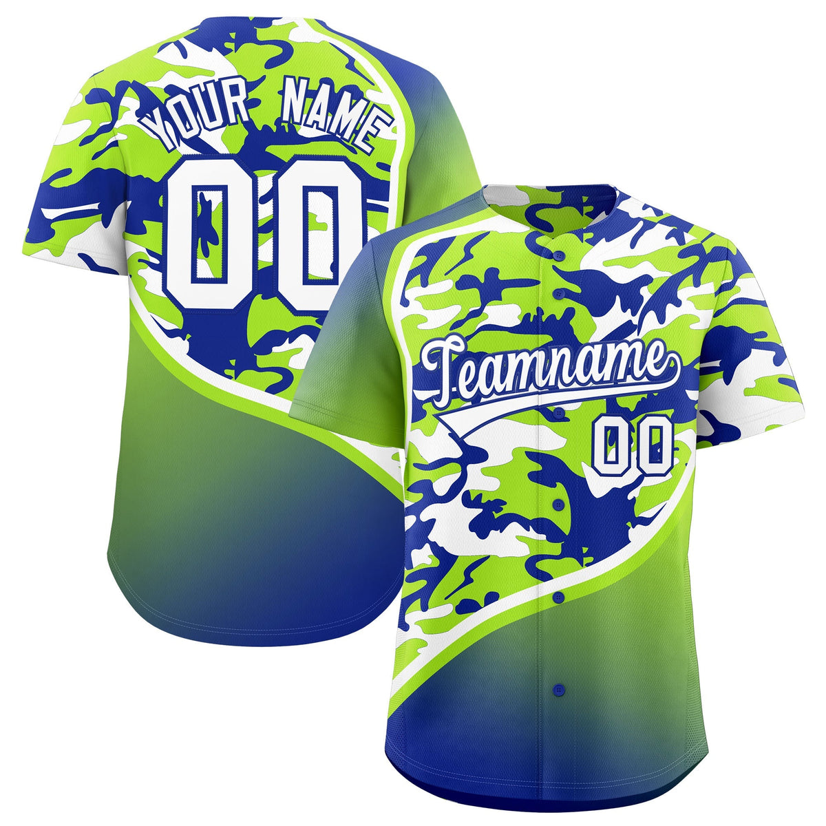 Custom Neon Green Royal Blue White Camo Gradient Fashion Baseball Jersey | Perfect for Training,Sublimation Printed &amp; Stitched,Add Name and Numbern,Perfect for Teams | KXKSHOP