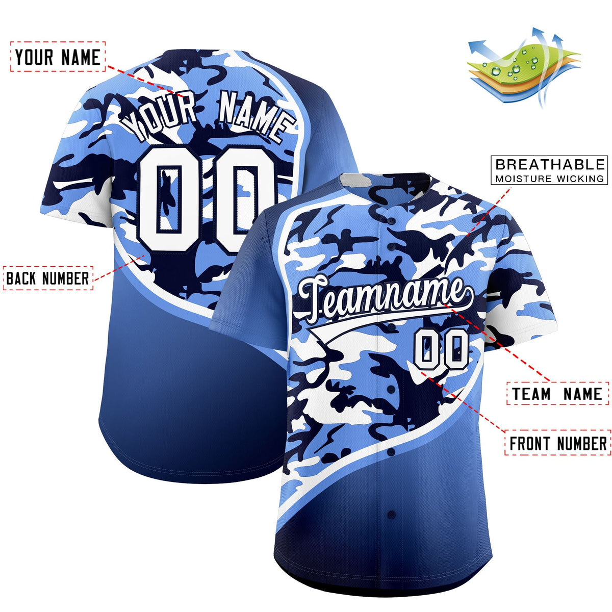 Custom Light Blue Navy White Camo Gradient Fashion Baseball Jersey | Perfect for Training,Sublimation Printed &amp; Stitched,Add Name and Numbern,Perfect for Teams | KXKSHOP
