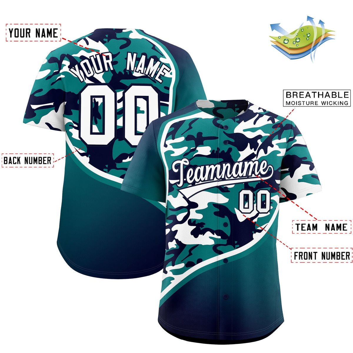 Custom Teal Navy White Camo Gradient Fashion Baseball Jersey | Perfect for Training,Sublimation Printed &amp; Stitched,Add Name and Numbern,Perfect for Teams | KXKSHOP