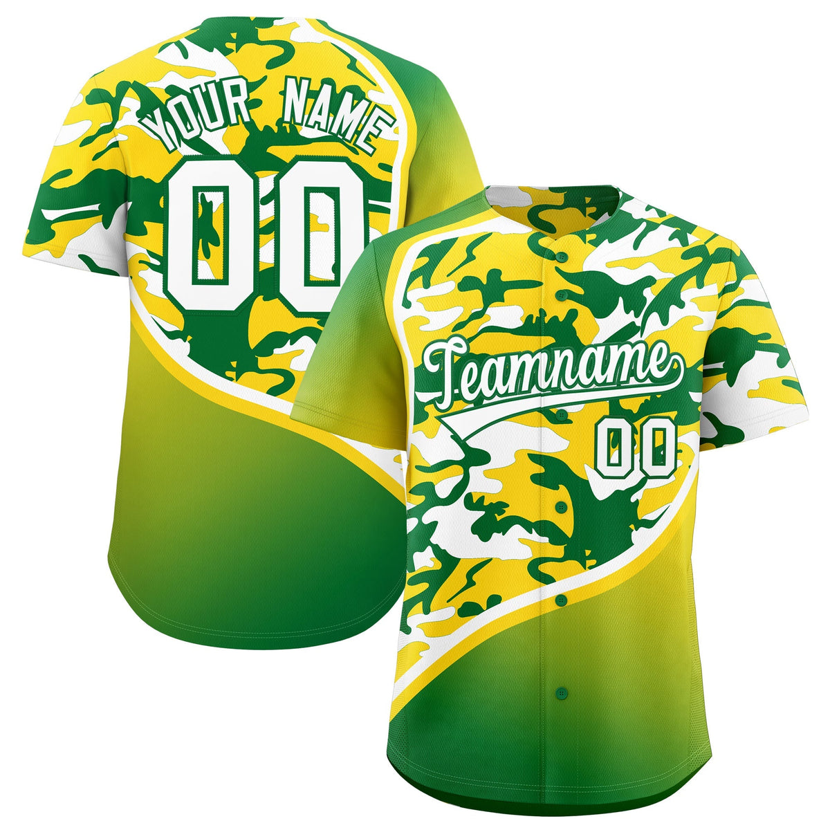 Custom Gold Kelly Green White Camo Gradient Fashion Baseball Jersey | Perfect for Training,Sublimation Printed & Stitched,Add Name and Numbern,Perfect for Teams | KXKSHOP