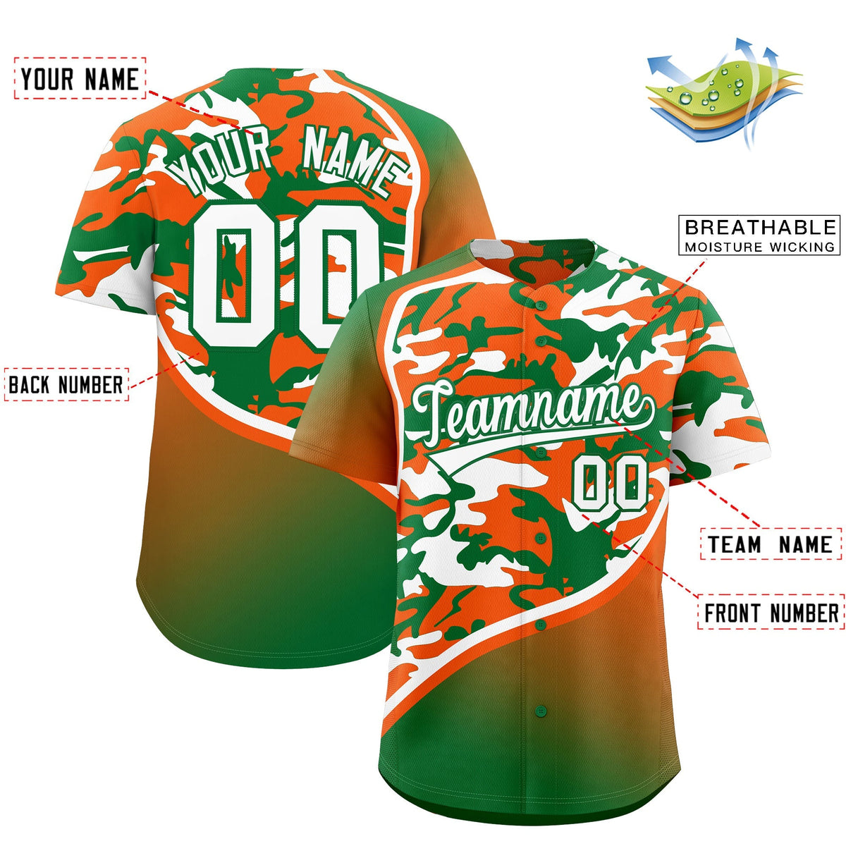 Custom Orange Kelly Green White Camo Gradient Fashion Baseball Jersey | Perfect for Training,Sublimation Printed & Stitched,Add Name and Numbern,Perfect for Teams | KXKSHOP