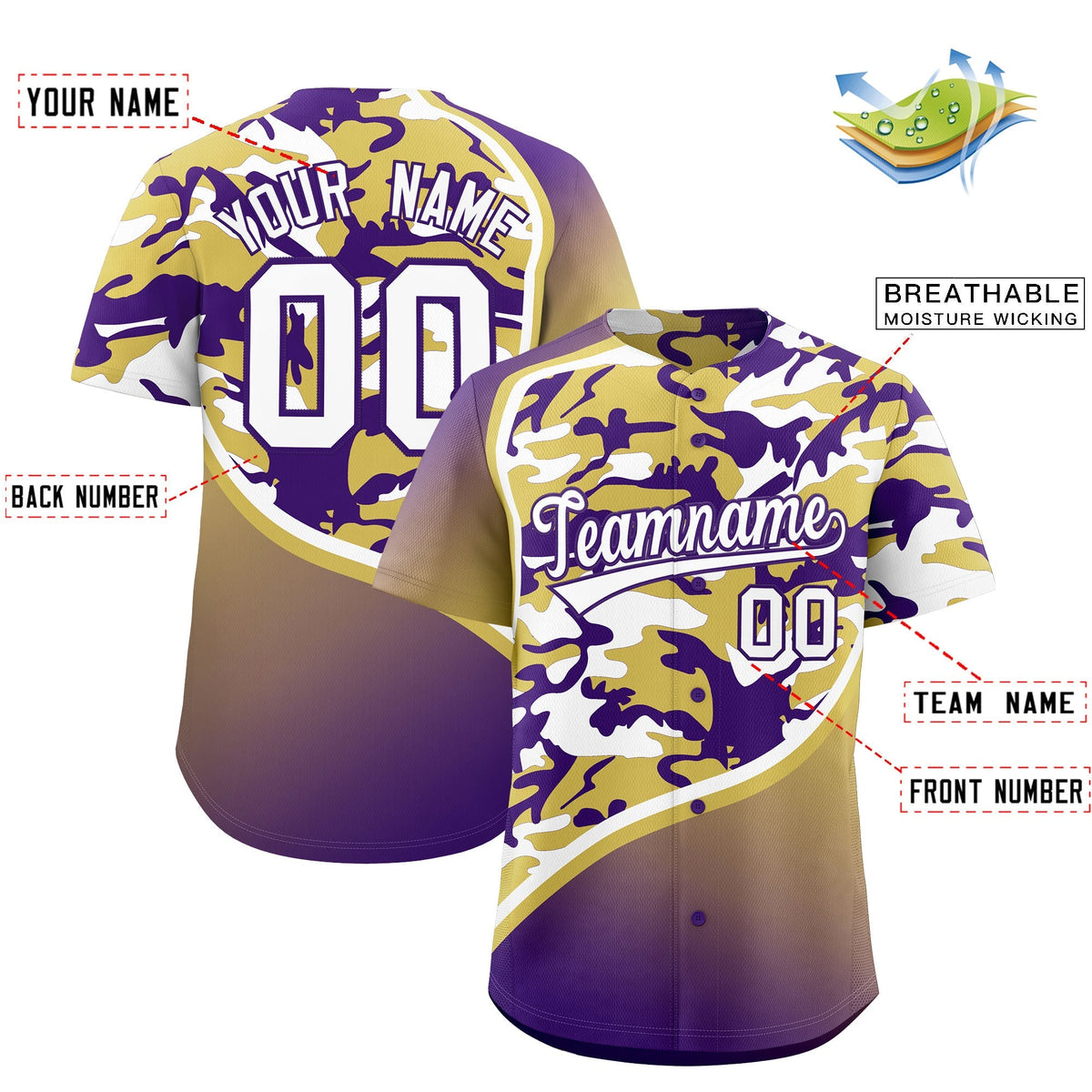 Custom Old Gold Purple White Camo Gradient Fashion Baseball Jersey | Perfect for Training,Sublimation Printed & Stitched,Add Name and Numbern,Perfect for Teams | KXKSHOP