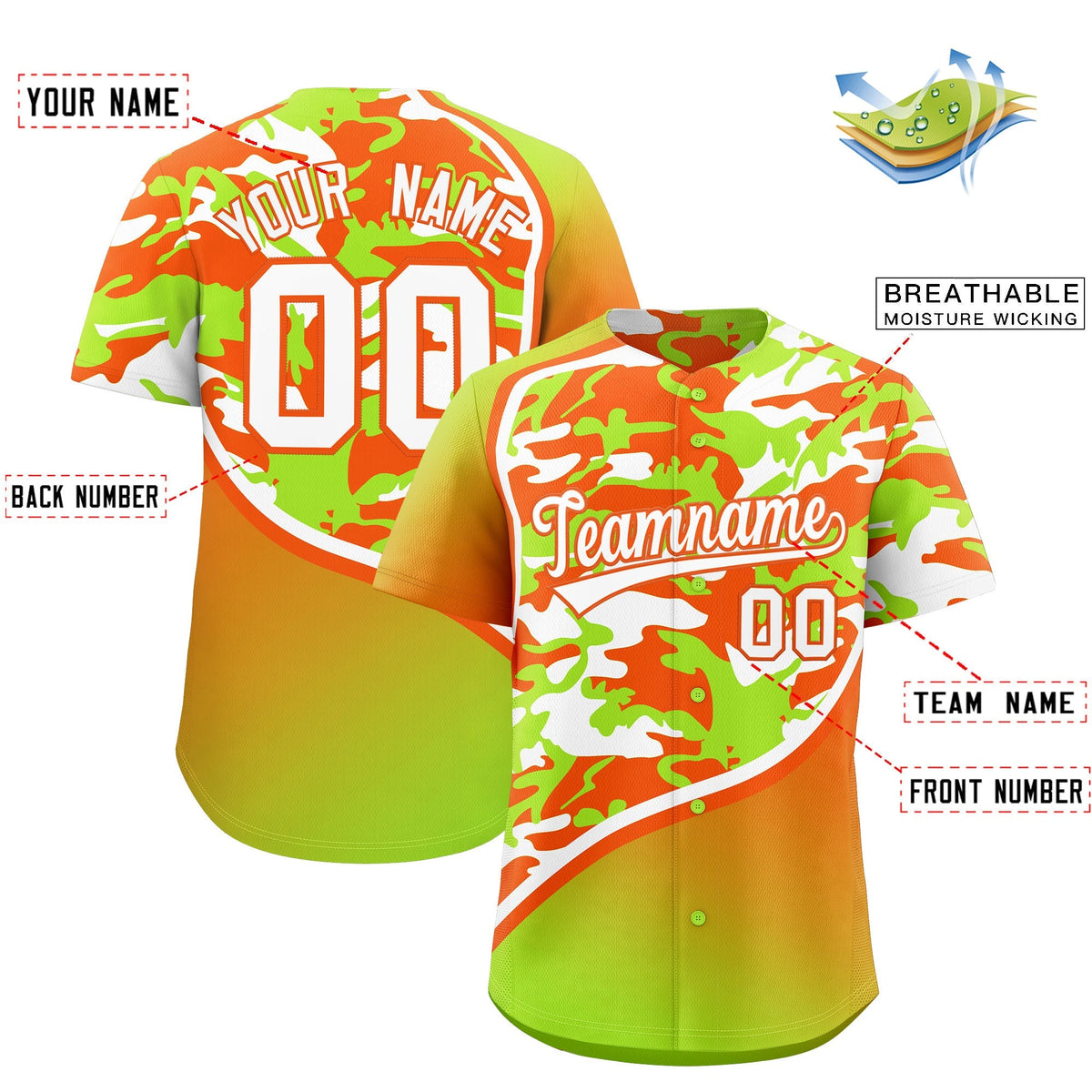 Custom Neon Green Orange White Camo Gradient Fashion Baseball Jersey | Perfect for Training,Sublimation Printed &amp; Stitched,Add Name and Numbern,Perfect for Teams | KXKSHOP
