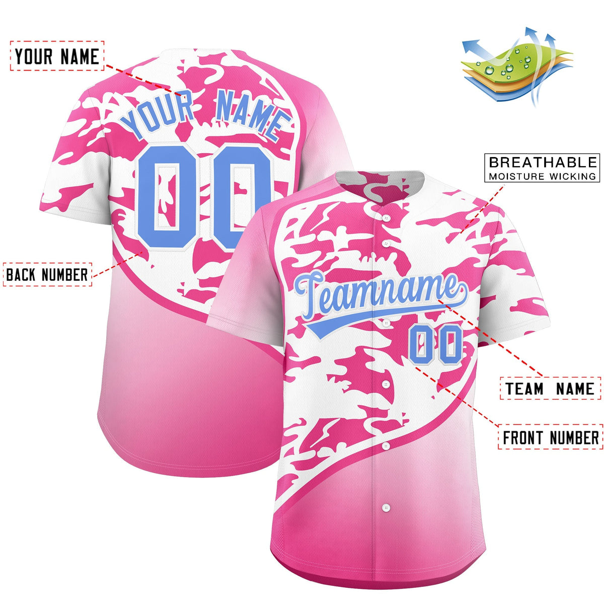Custom White Pink Light Blue Camo Gradient Fashion Baseball Jersey | Perfect for Training,Sublimation Printed &amp; Stitched,Add Name and Numbern,Perfect for Teams | KXKSHOP