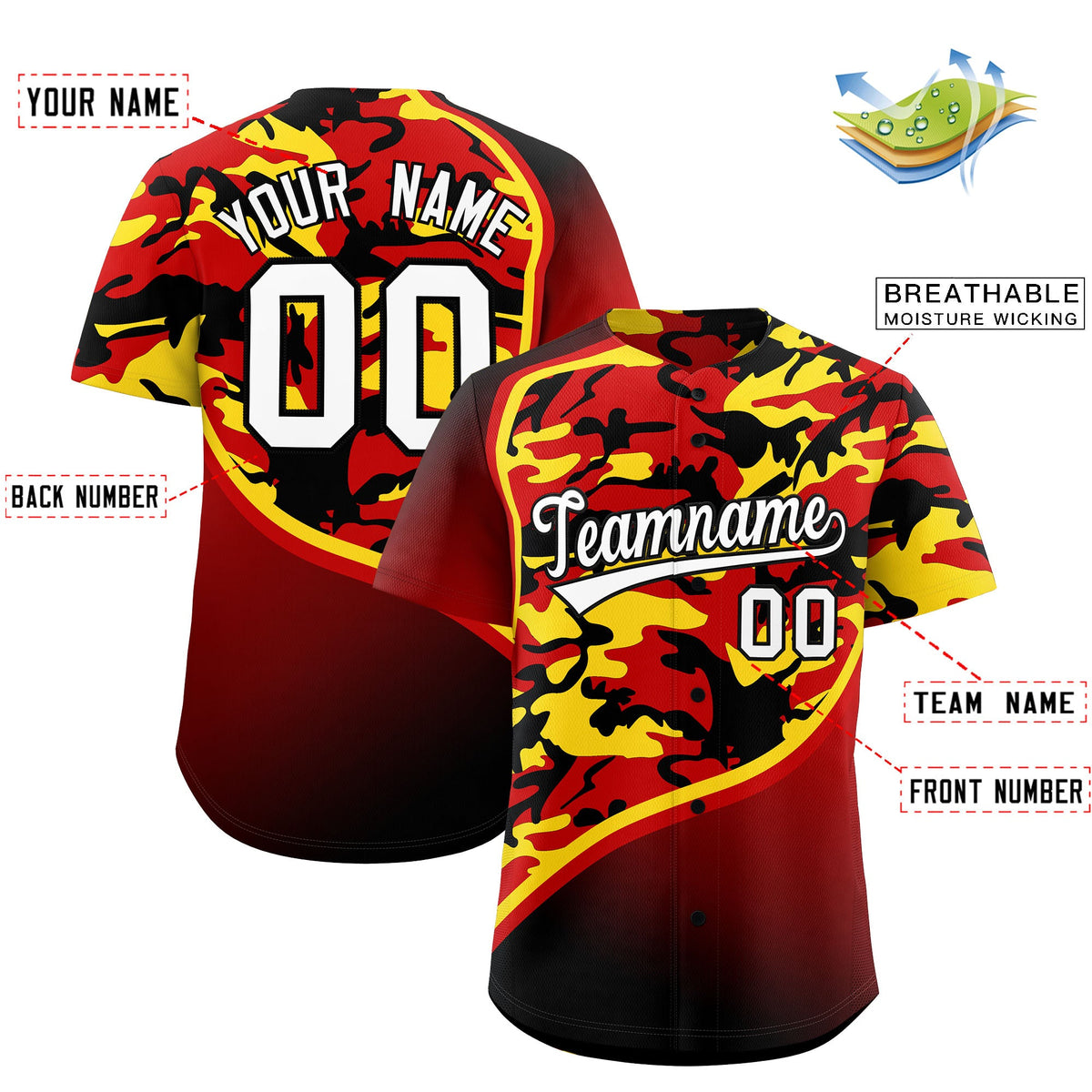 Custom Red Gold Black Camo Gradient Fashion Baseball Jersey